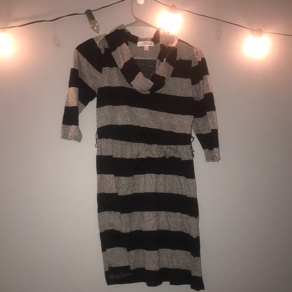 Black & Grey Striped 1/4 Sleeved Turtleneck Dress